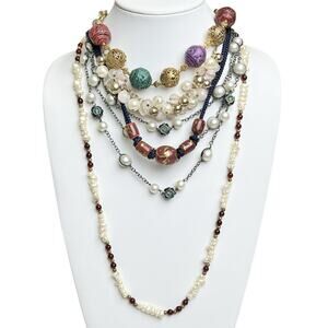 Necklaces Lot Of 5 White And Color Beads AB Stones Cords Chains Variety Styles